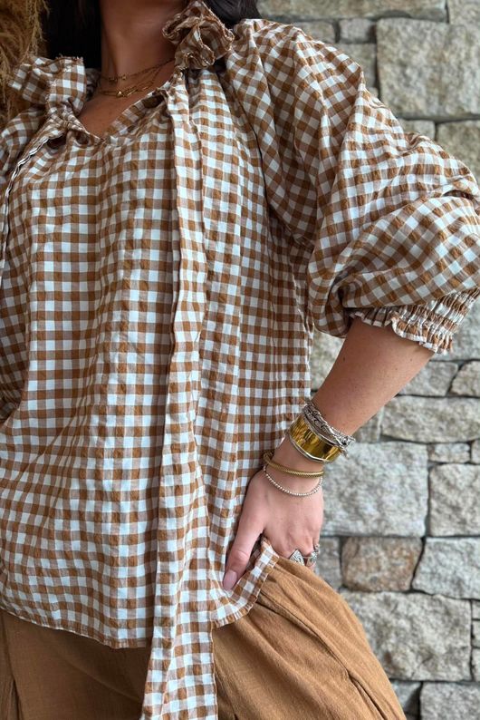Nonni Gingham Poet Blouse Hazelnut